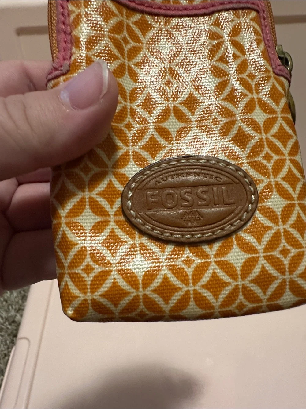 Fossil orange Patterned Wristlet Phone Case with Pink Trim